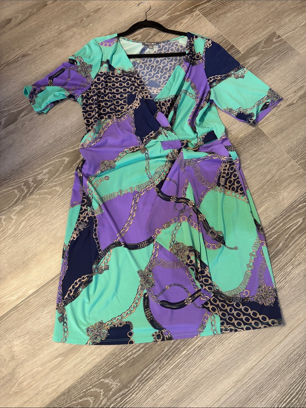 Chain Print Wrap Dress in Teal & Purple
